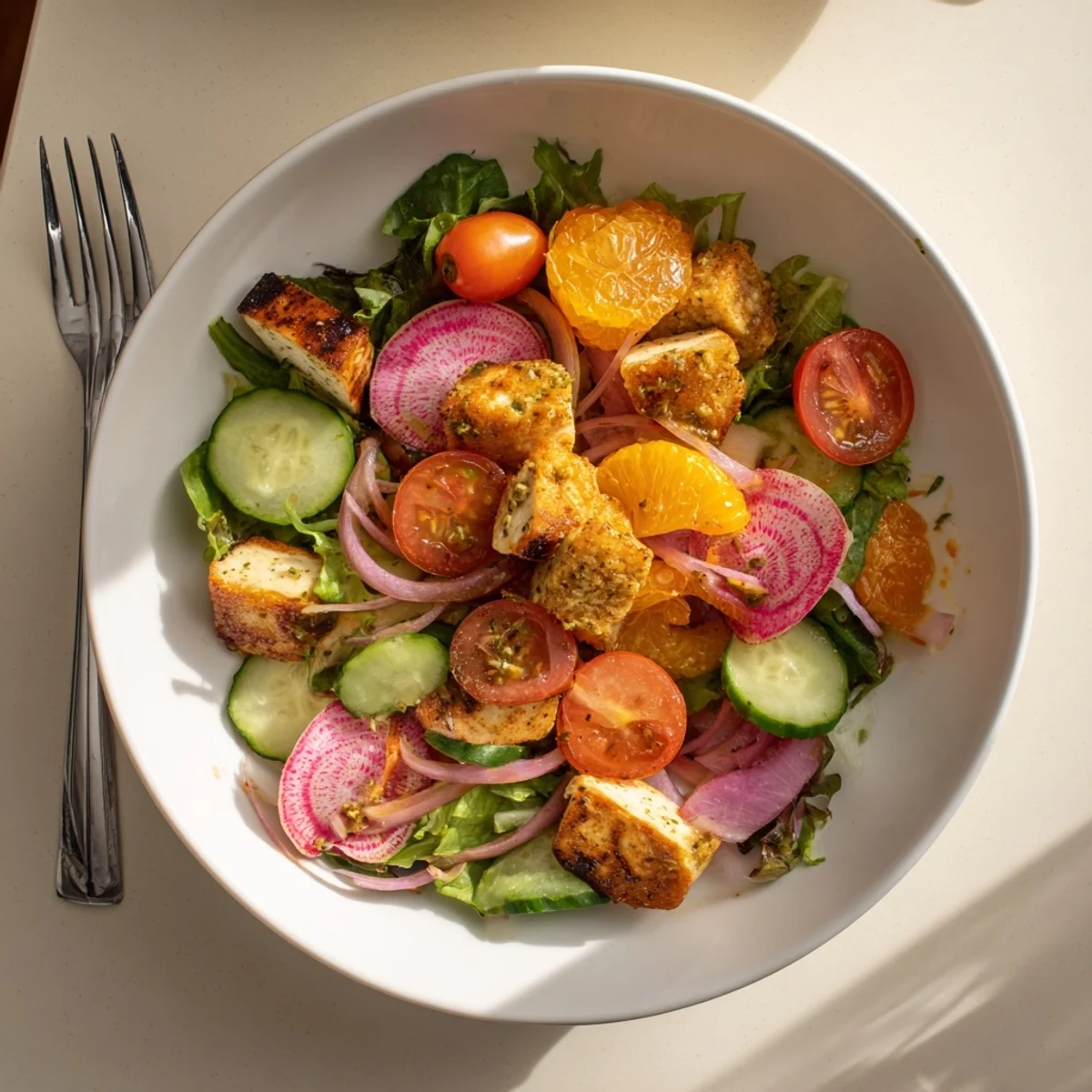 Hearty vegetarian Halloumi Blood Orange Fattoush served as a colorful Middle Eastern-inspired main dish for lunch or dinner.