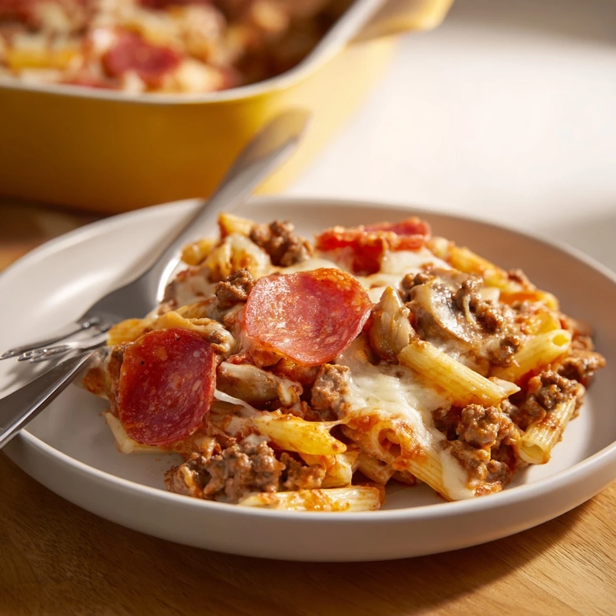 Golden-brown, melty cheese bubbling over a hearty High Protein Italian Beef and Pasta Bake, with a spoonful ready to serve.
