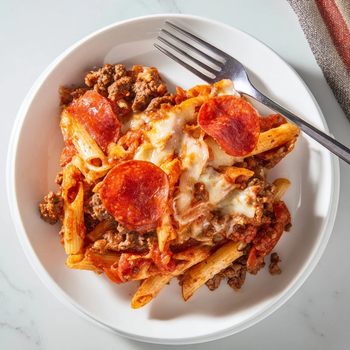 Fresh basil garnishes a slice of High Protein Italian Beef and Pasta Bake, served hot from the oven for a family dinner.