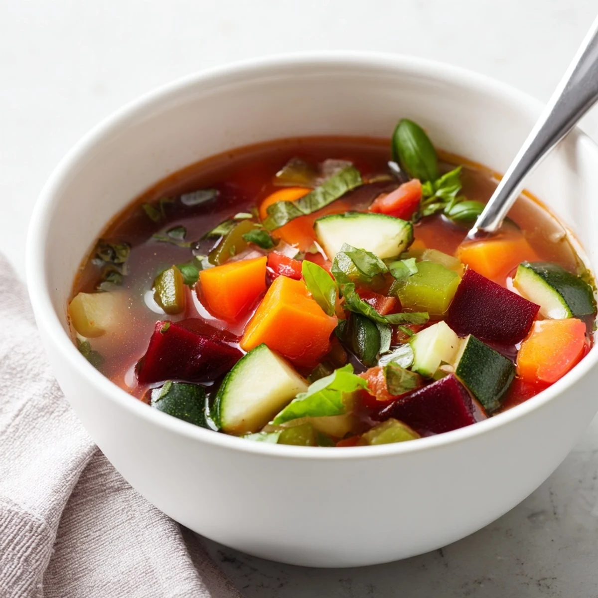 A vibrant bowl of Rainbow Vegetable Detox Soup showcases colorful beets, carrots, and zucchini in a rich broth.