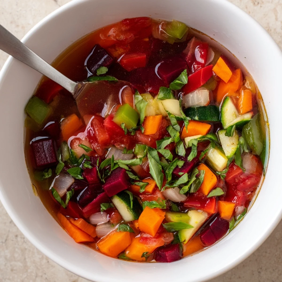 A ladle lifts a serving of Rainbow Vegetable Detox Soup, garnished with dill and lemon juice.