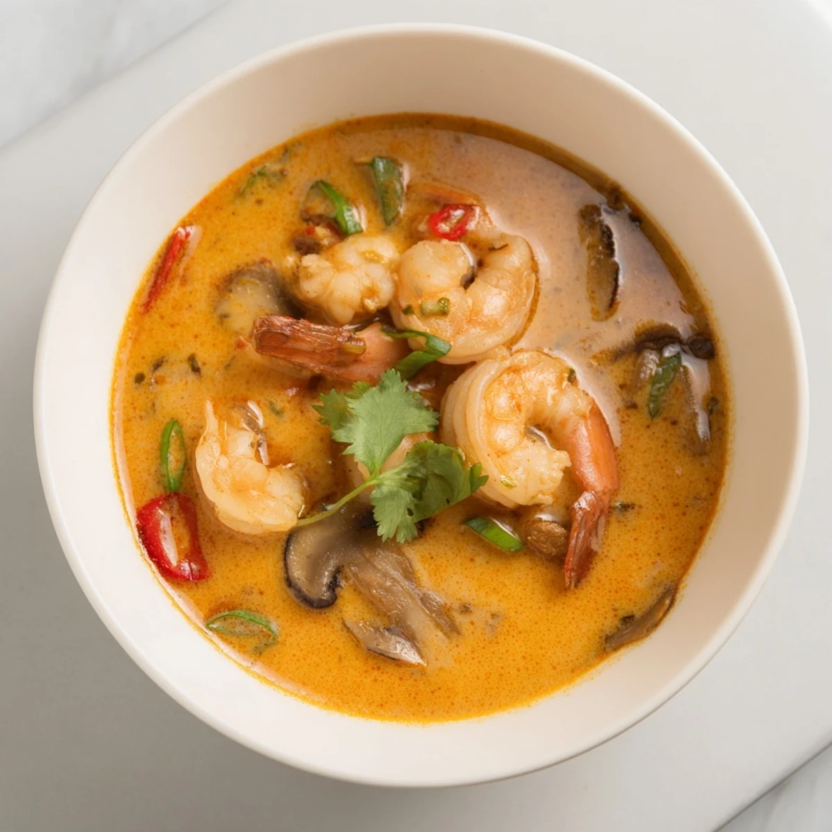 Close-up of Thai Coconut Shrimp Soup showing succulent shrimp, sliced mushrooms, and a spoon lifting the aromatic coconut broth.  