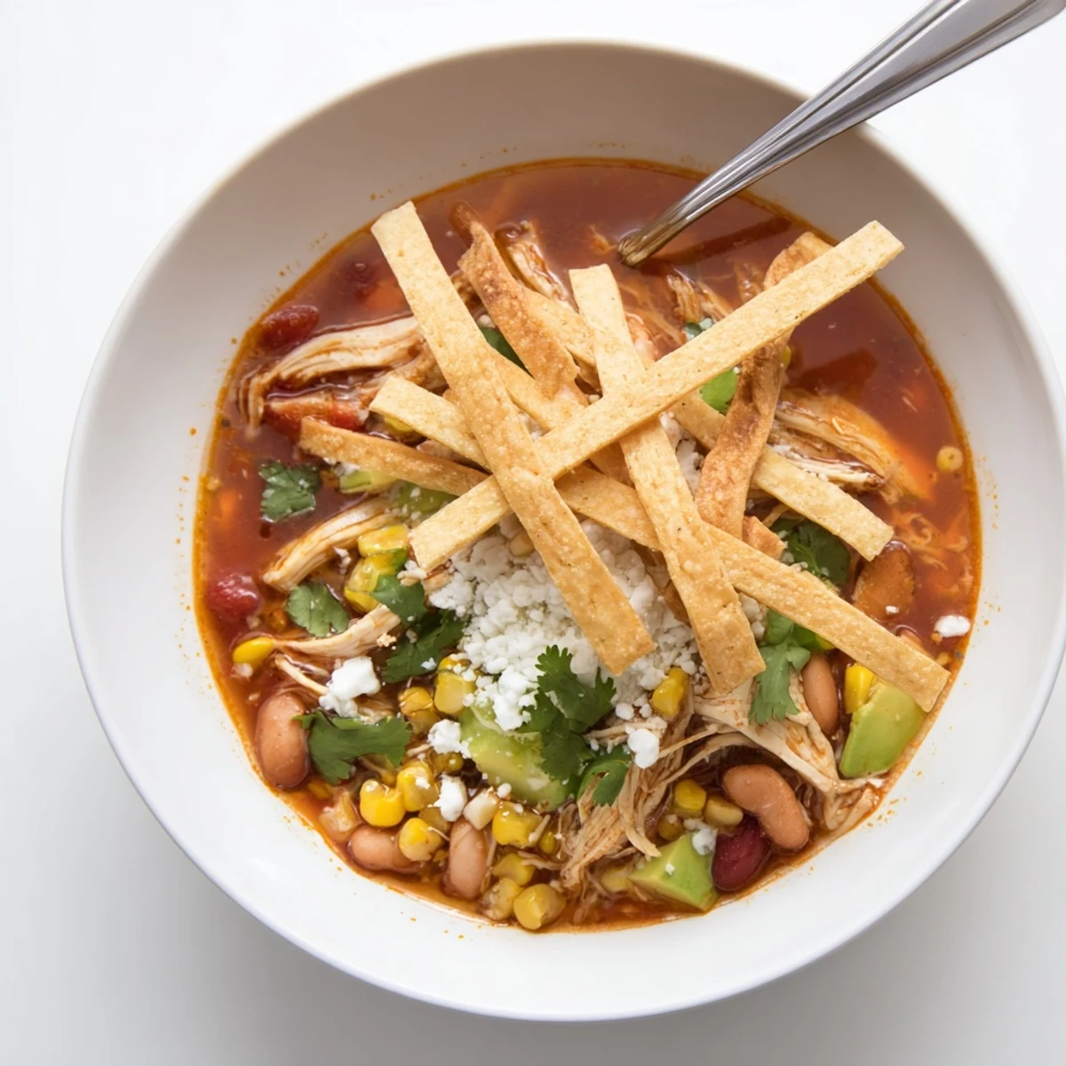 Golden, crunchy tortilla strips sit atop this vibrant Mexican soup, garnished with creamy avocado slices, crumbled cotija cheese, and a bright wedge of lime for squeezing.