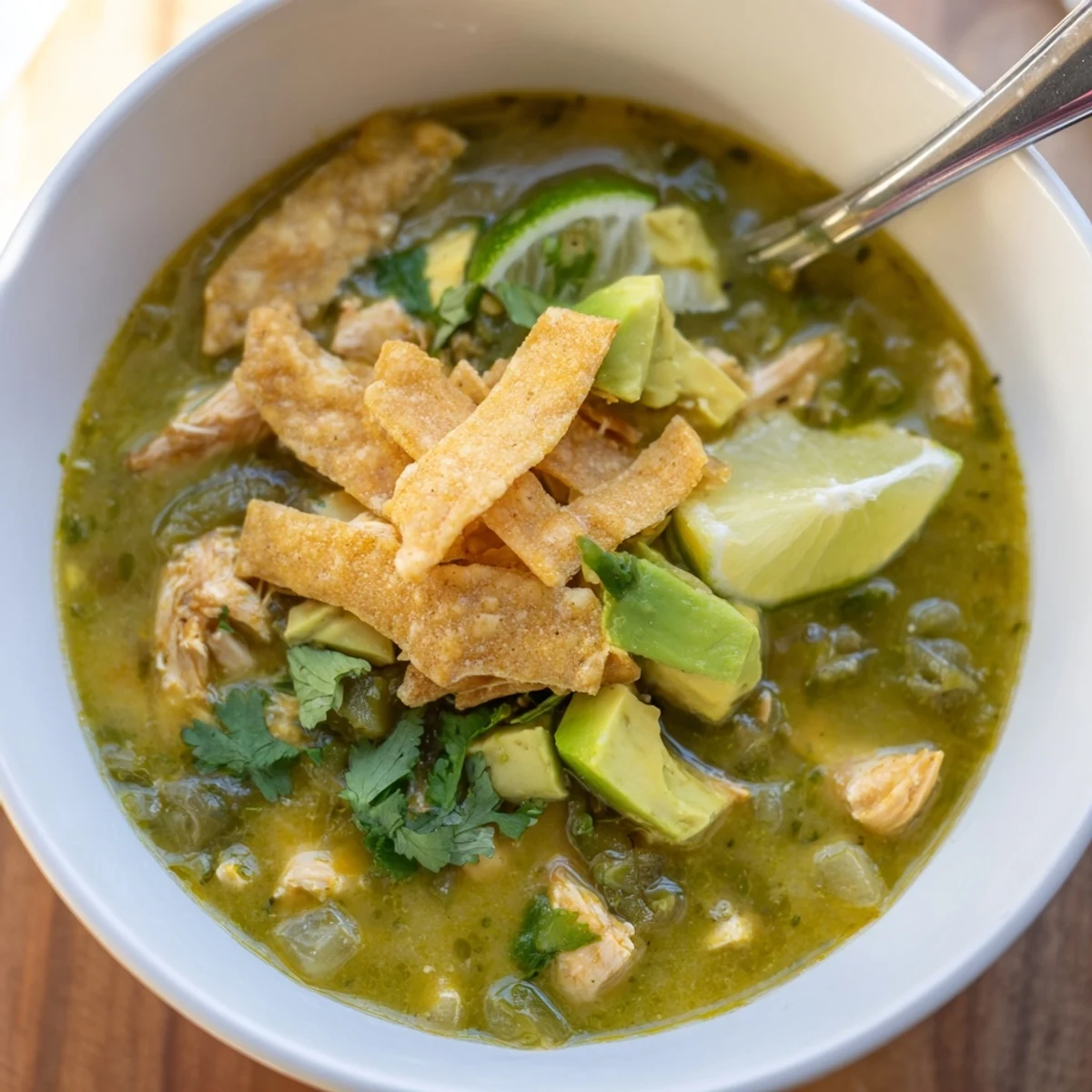 Creamy Chicken Tortilla Soup in a rustic bowl topped with diced avocado and crushed tortilla chips.