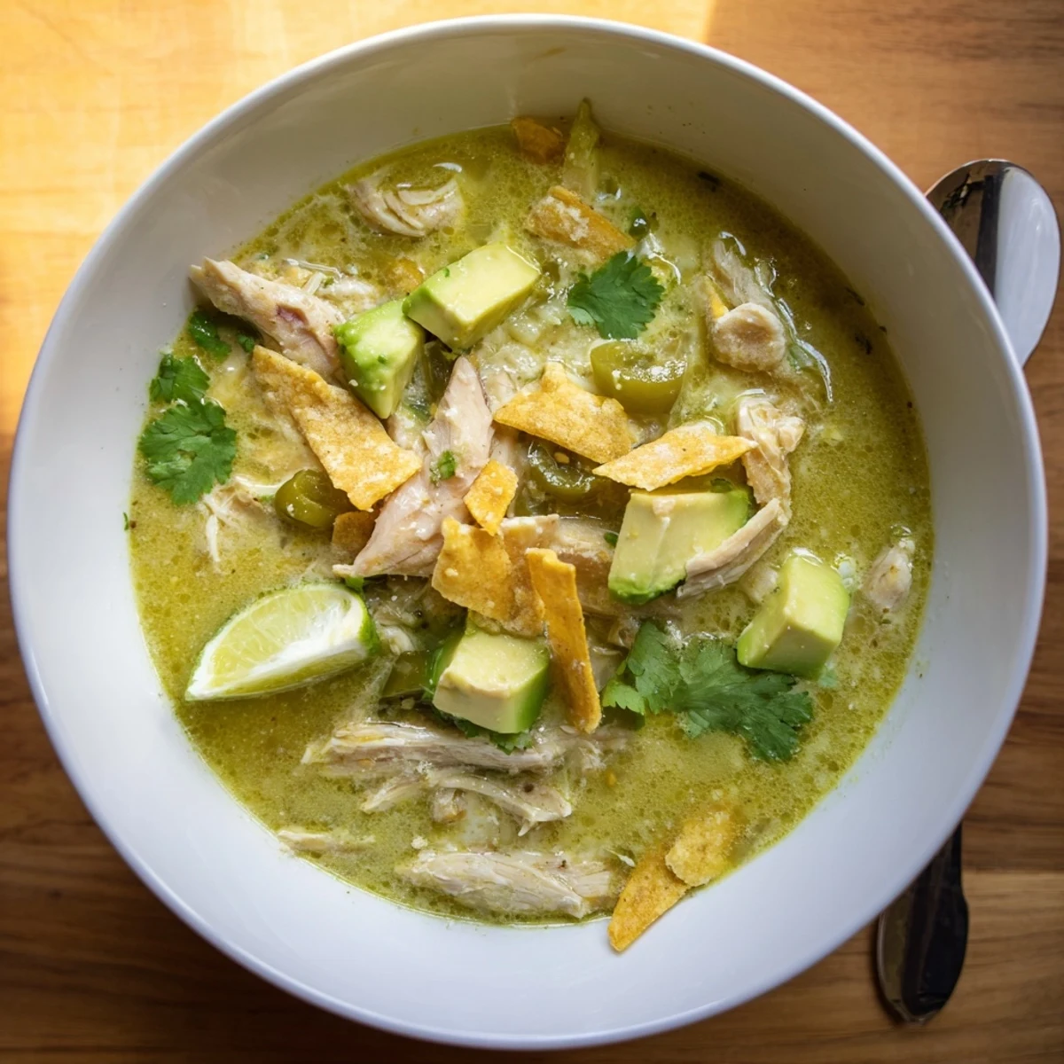 A warm bowl of Creamy Chicken Tortilla Soup garnished with cilantro and fresh lime wedges.