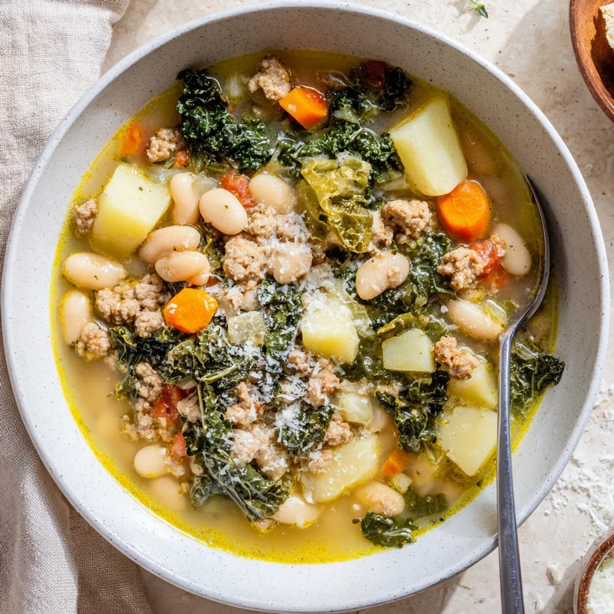 Steam rises from a bowl of Tuscan White Bean Sausage Soup with kale and potatoes.