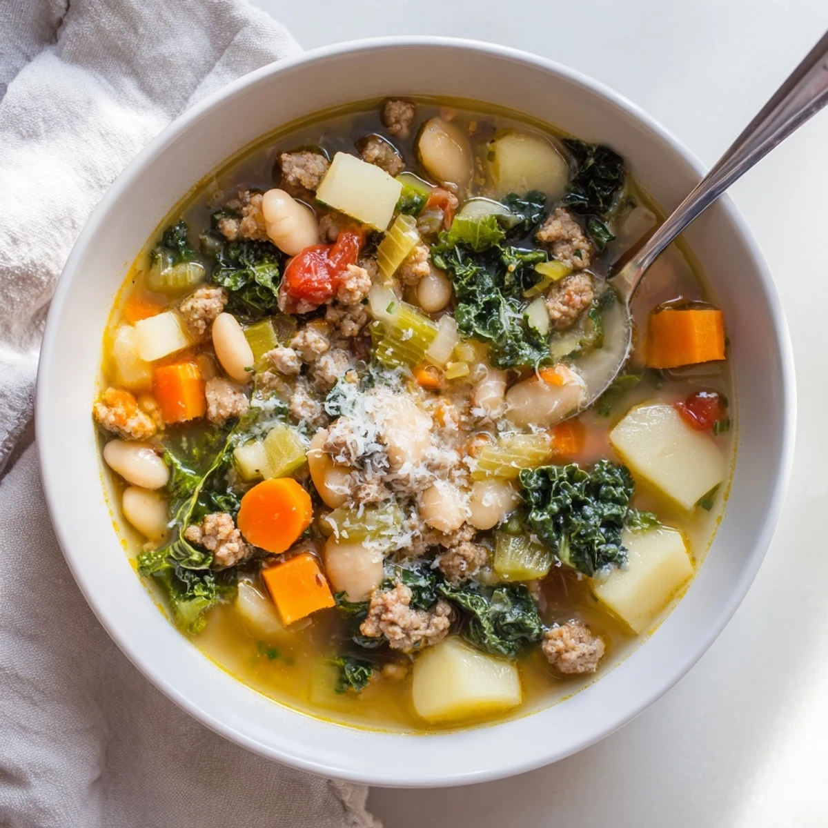 Rustic Tuscan White Bean Sausage Soup with tender kale, creamy beans, and sausage.