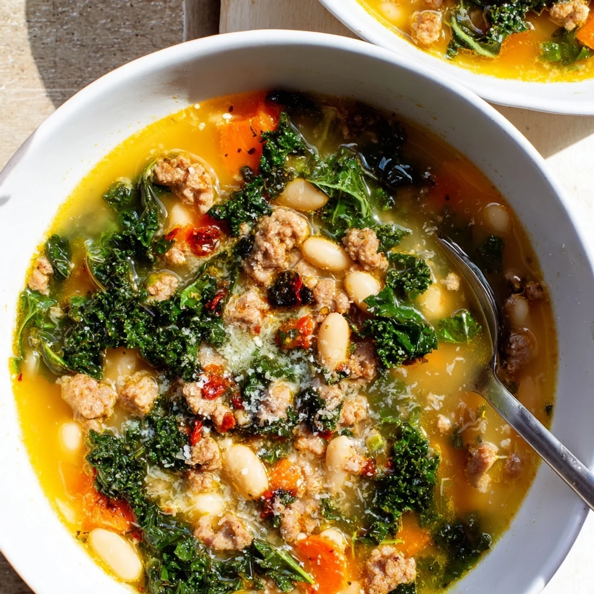 Steaming pot of Italian White Bean Soup featuring tender kale, creamy beans, and savory sausage, perfect for a cozy dinner.