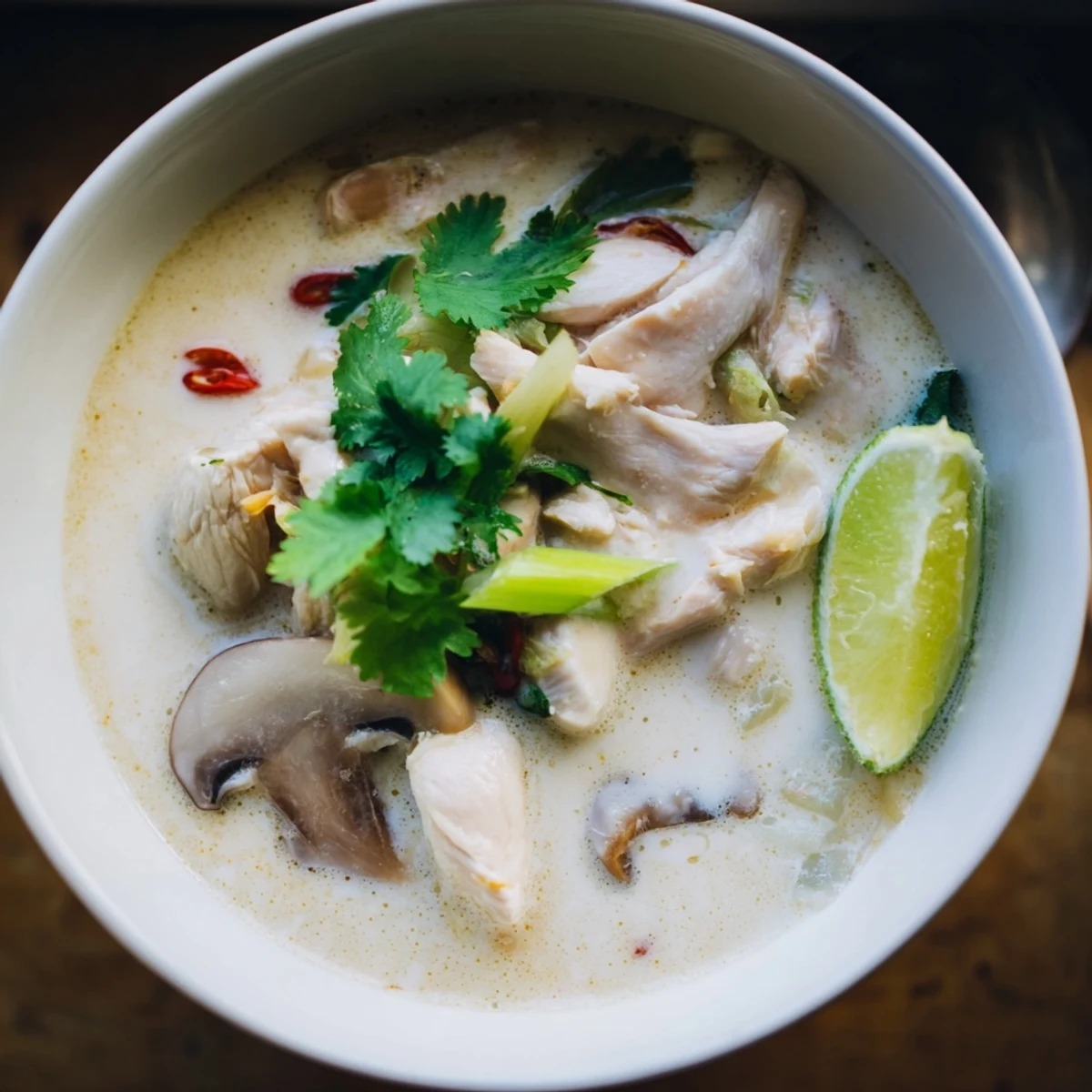 Sliced chicken, oyster mushrooms, and cherry tomatoes swimming in aromatic Thai coconut broth for Best Ever Tom Kha Gai Soup.