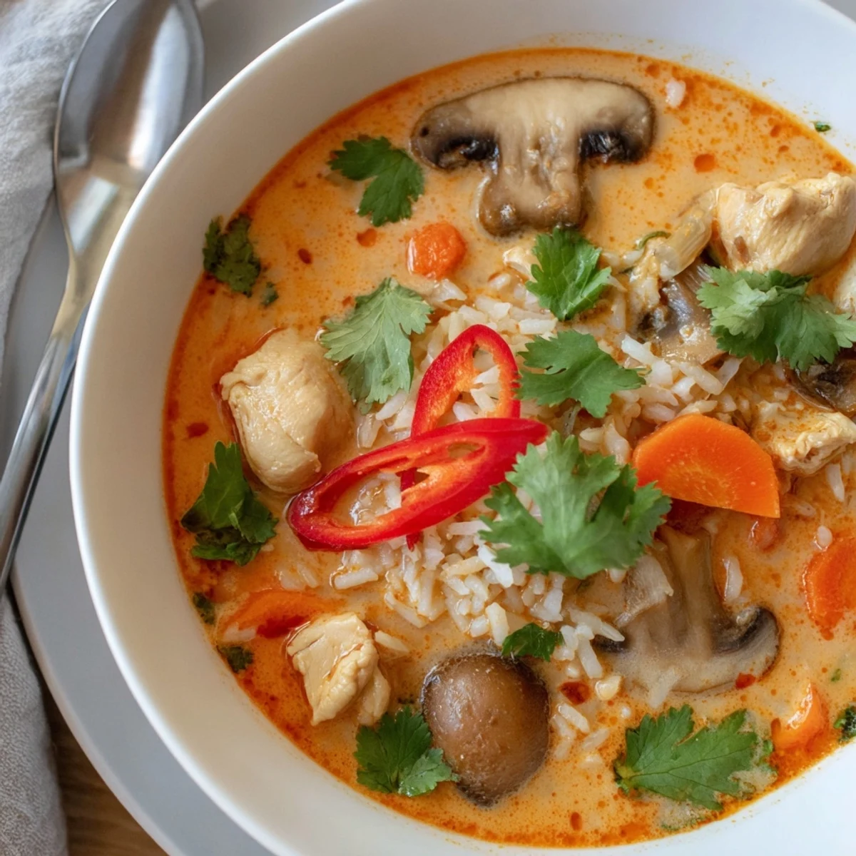 A vibrant bowl of Thai coconut curry soup garnished with cilantro, lime wedges, and sliced red chili for color.