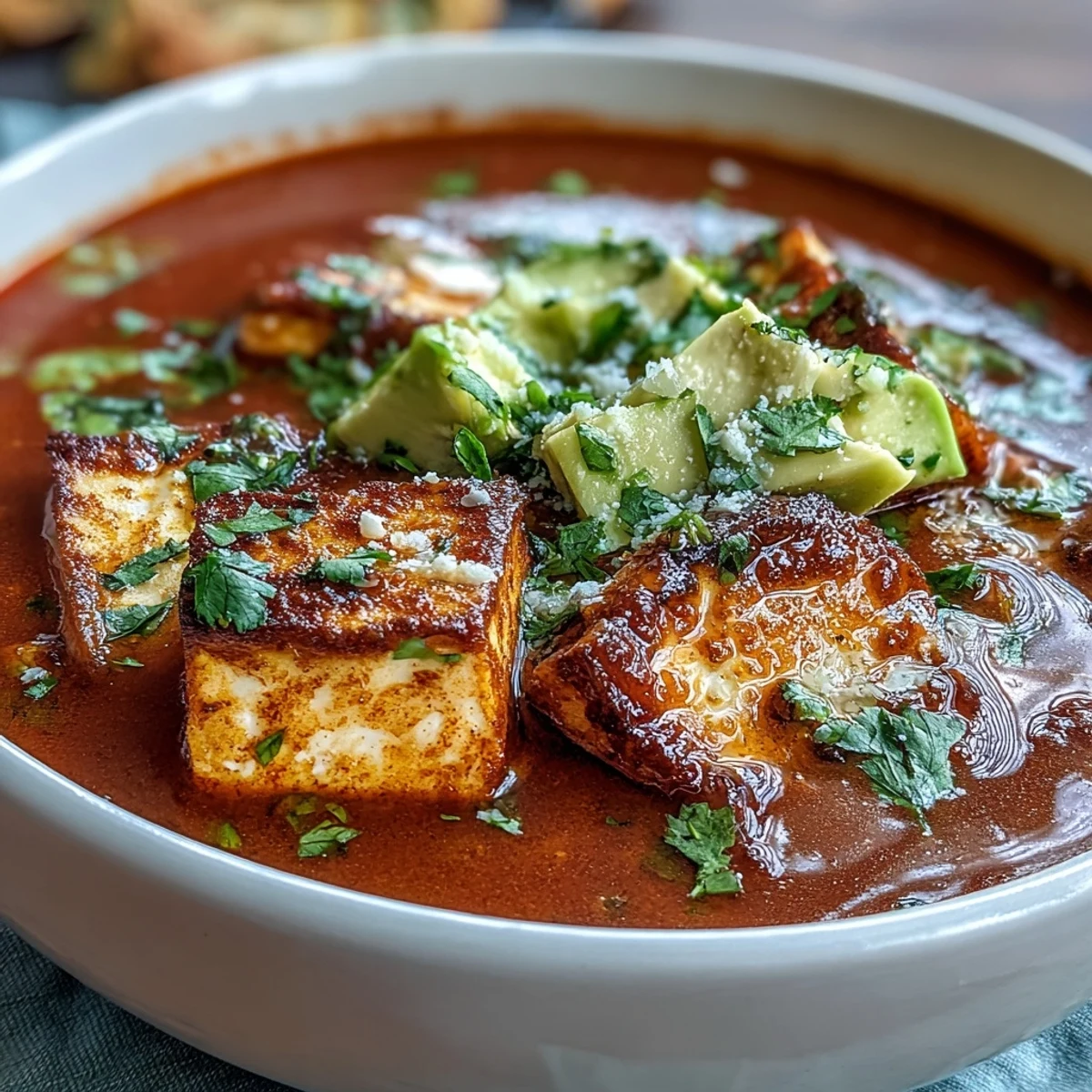 Sopa Azteca soup features smoky tomato-chile broth and panela cheese garnish.  