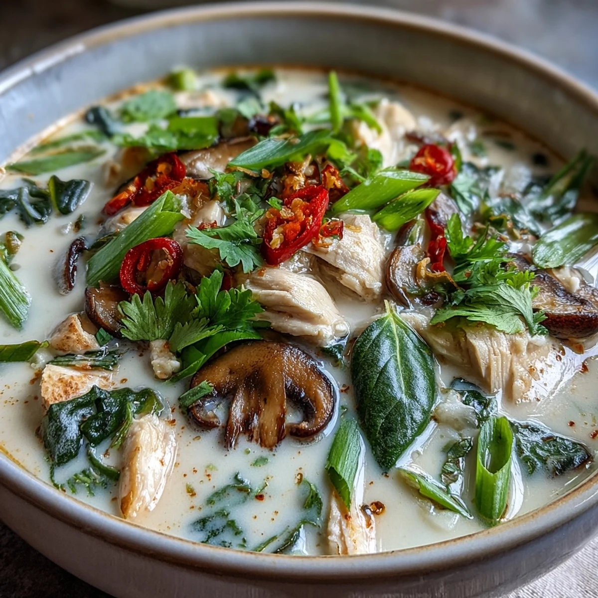 The vibrant Authentic Tom Kha Gai soup in a white bowl features tender chicken and mushrooms floating in a creamy, pale yellow coconut broth, garnished with fresh cilantro and sliced green onions.