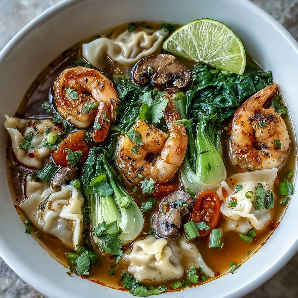 A vibrant bowl of Thai-Chinese Tom Yum Wonton Soup garnished with fresh cilantro, lime wedges, and a drizzle of chili oil for extra heat.  
