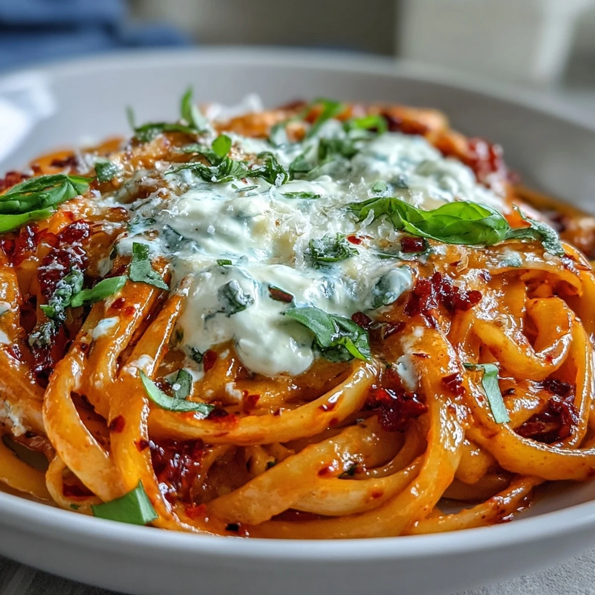 Creamy red pepper pasta topped with torn burrata and fresh basil, served in a rustic white bowl.