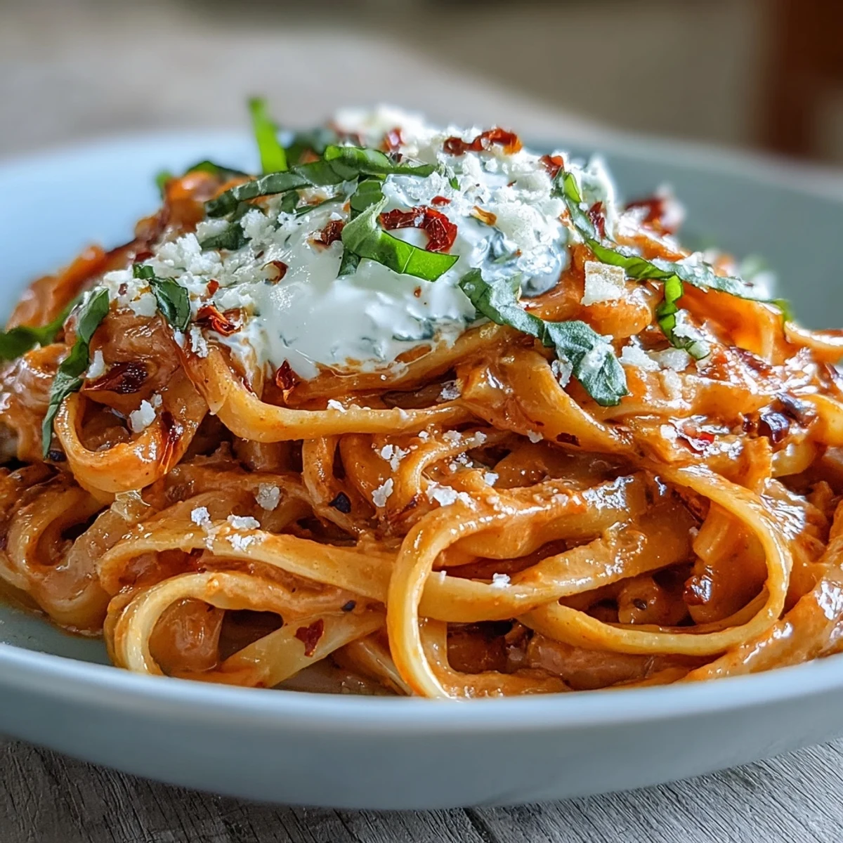 Restaurant-quality creamy red pepper pasta with burrata and herbs, drizzled with olive oil and garnished with basil.