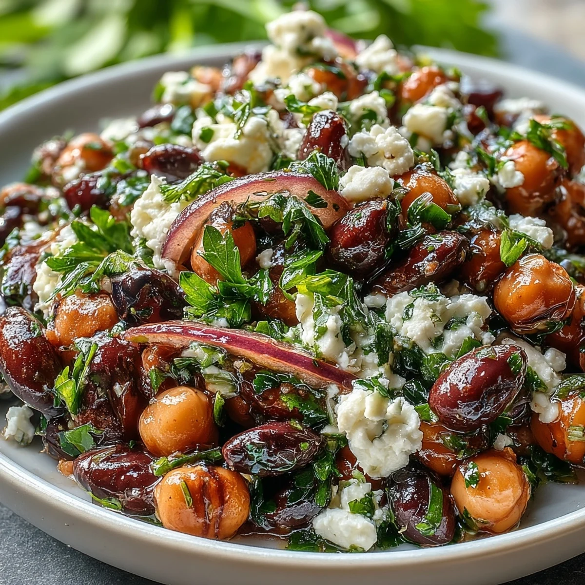 Colorful Divorce Salad marinated in olive oil and red wine vinegar, topped with crumbled feta and fresh parsley.