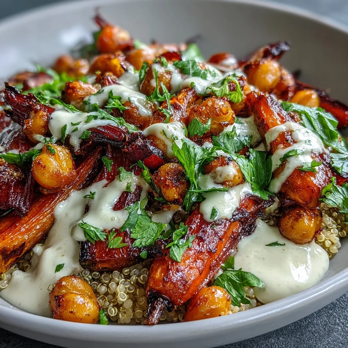 Vibrant One-Pan Roasted Carrot and Chickpea Bowl with golden, caramelized carrots and crisp chickpeas, drizzled with creamy lemon-tahini dressing.