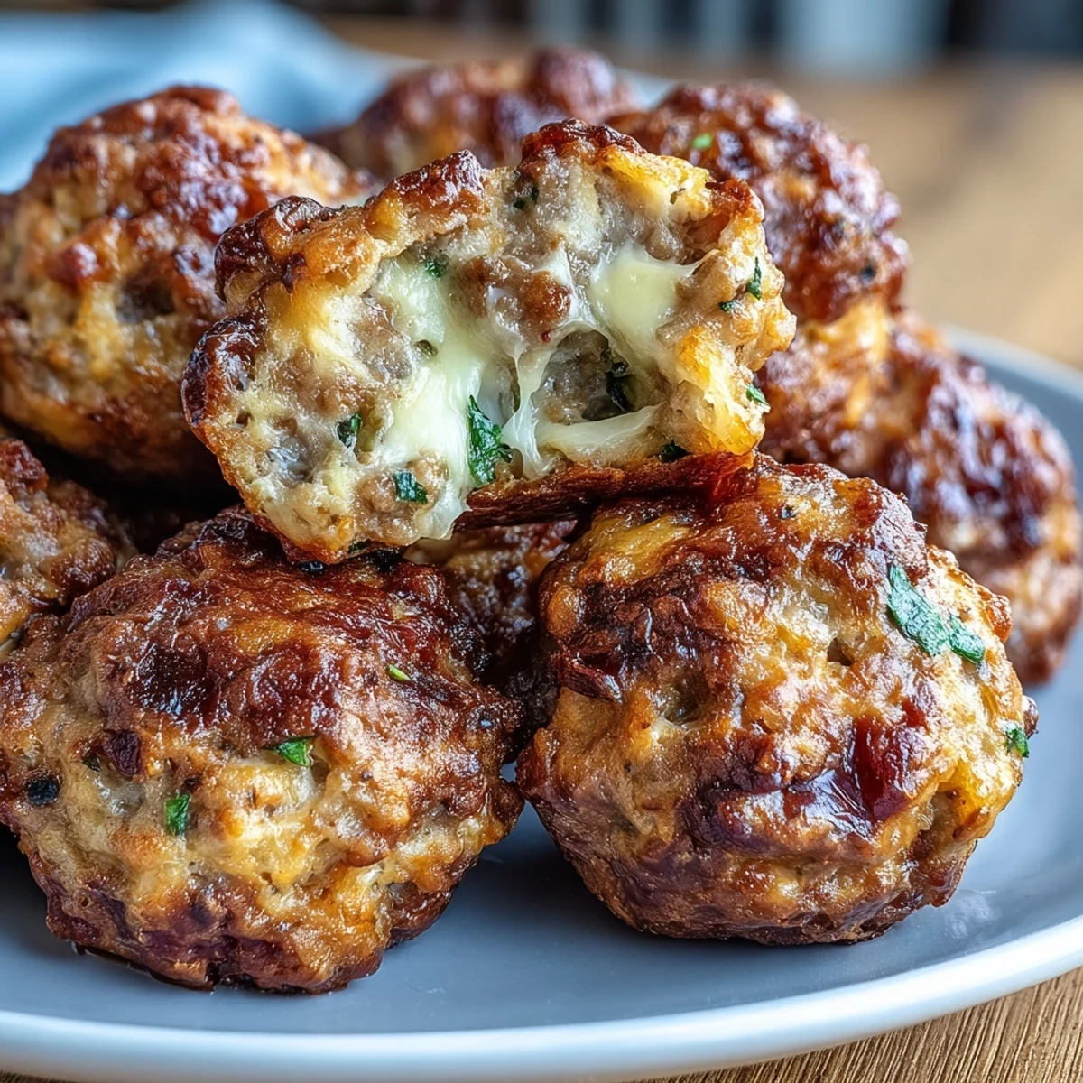 Golden-brown Rotel Sausage Balls fresh from the oven, featuring melted cheddar and diced tomatoes with green chilies on a rustic platter.  