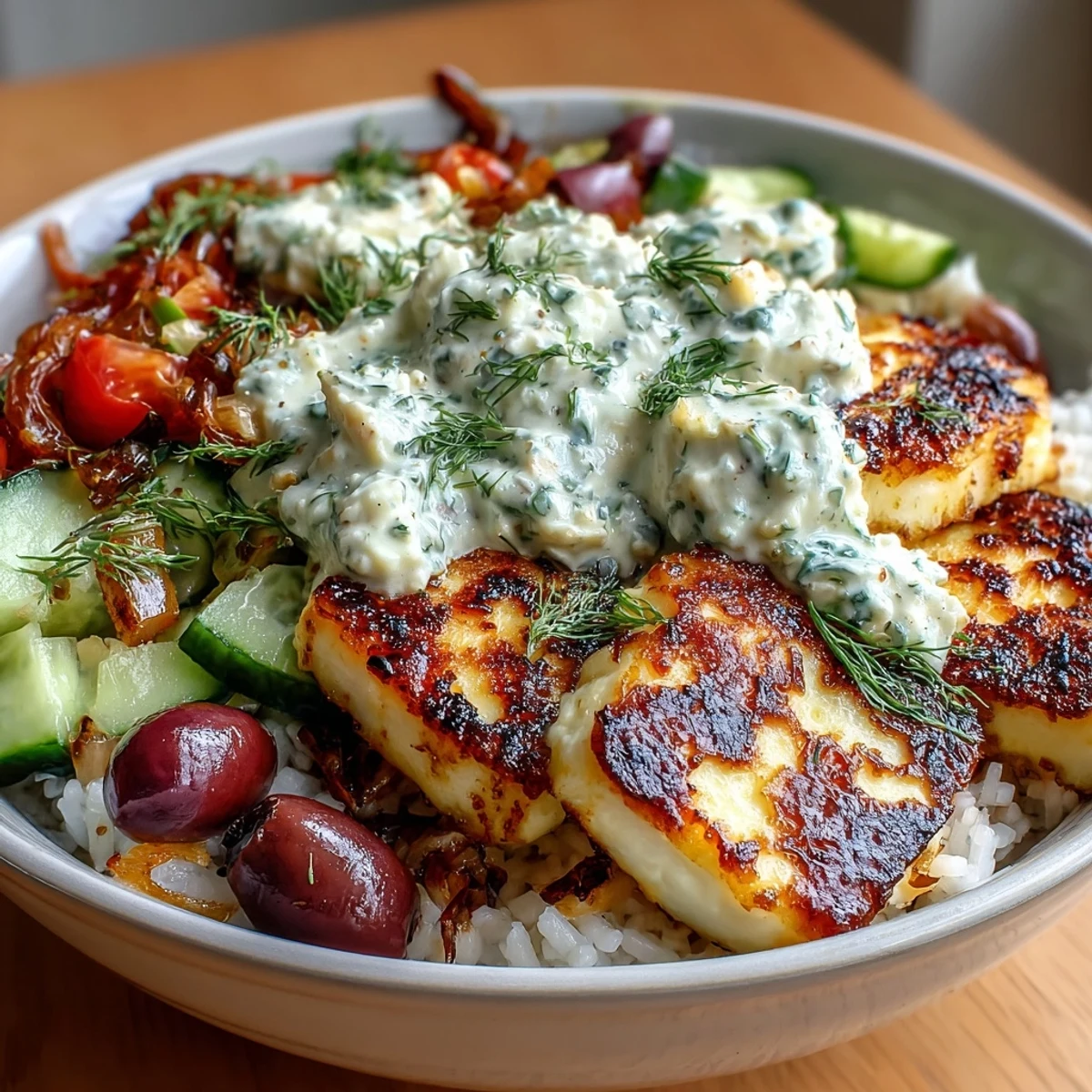 Golden-seared halloumi squares rest atop fluffy rice, with crisp cucumber, cherry tomatoes, red onion, and olives, finished with creamy tzatziki and fresh dill.