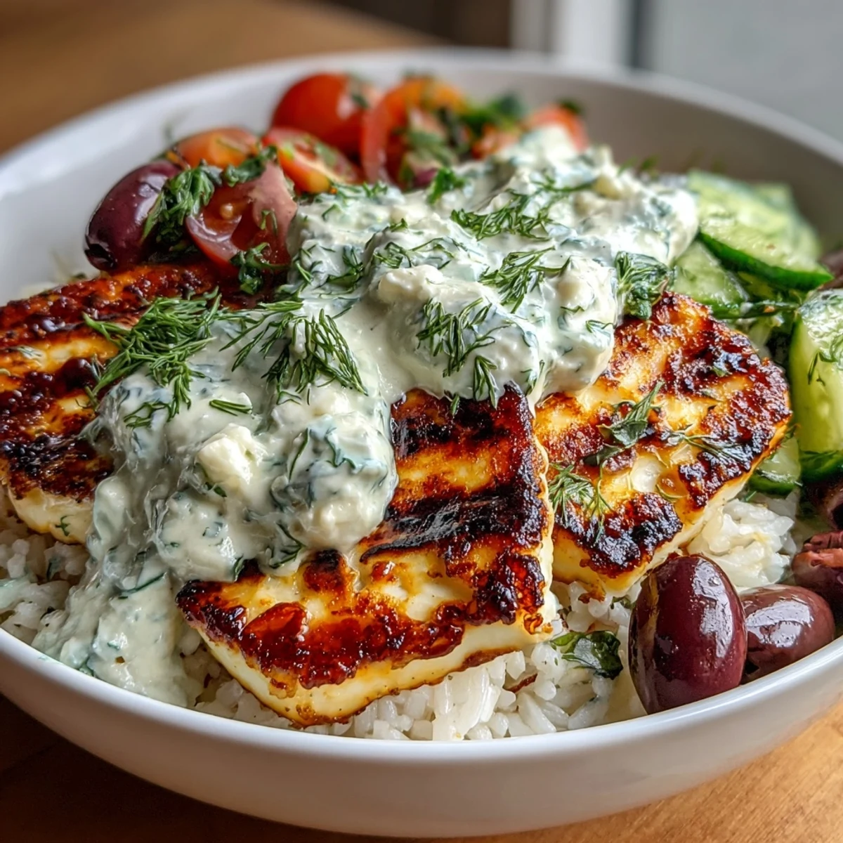 Warm pita wedges frame the vibrant Greek Halloumi Power Bowl, showcasing golden-brown cheese, colorful vegetables, and a generous dollop of cool tzatziki sauce.