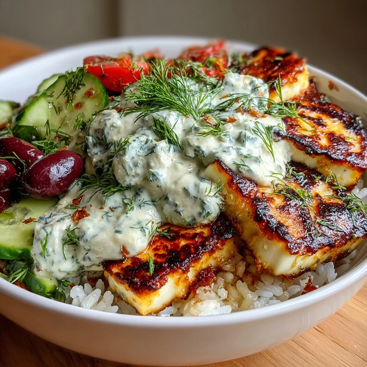 A close-up view of a Mediterranean-inspired Greek Halloumi Power Bowl features seared cheese, fresh vegetables, and a drizzle of olive oil over rice.