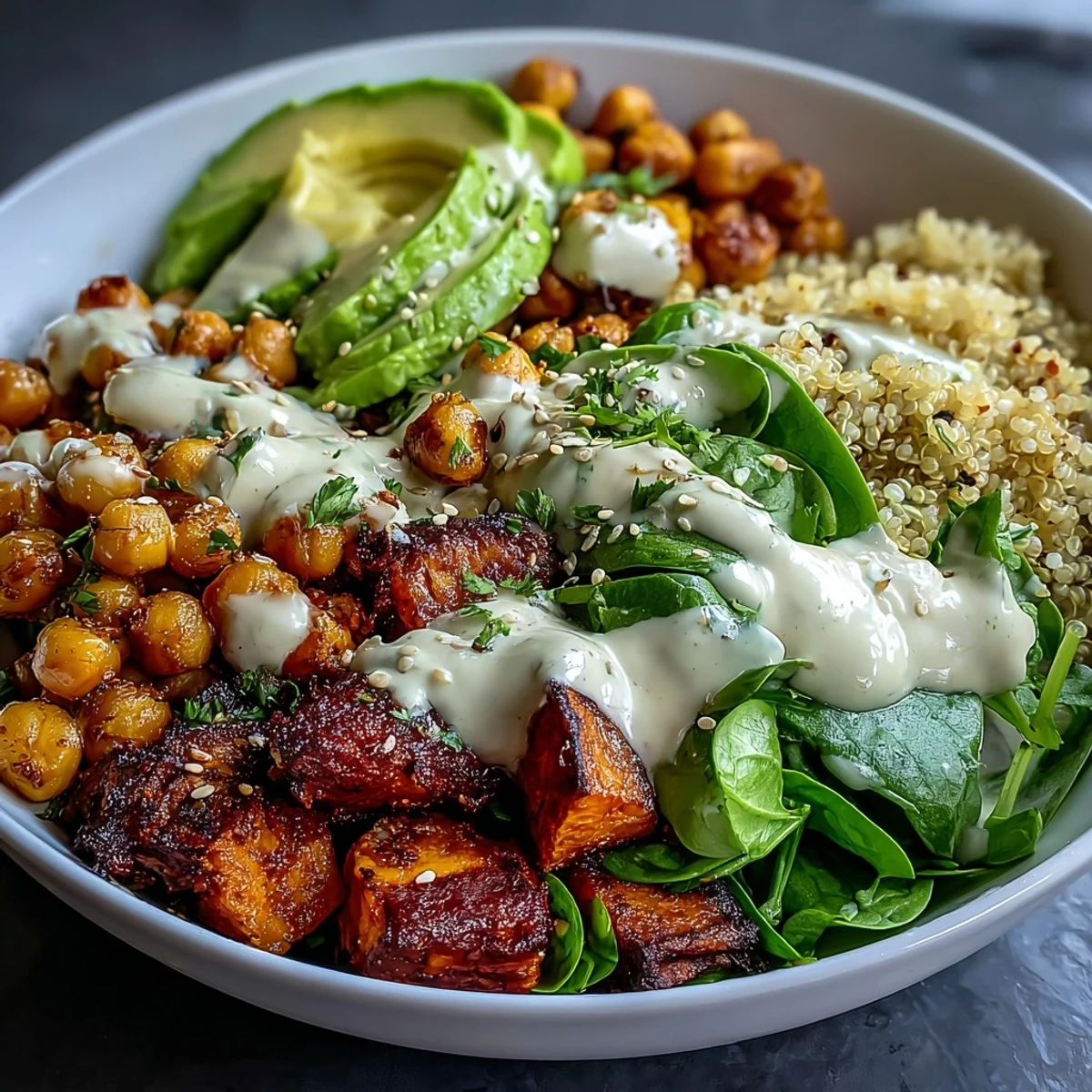A vibrant Anti-Inflammatory Glow Bowl topped with creamy tahini yogurt sauce, roasted sweet potatoes, and crispy chickpeas served over quinoa.