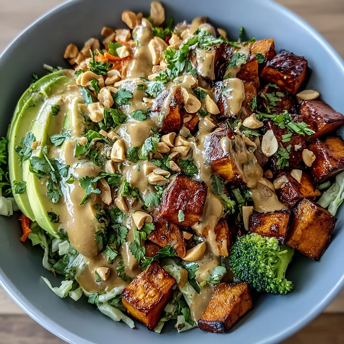 Golden roasted sweet potatoes, crisp broccoli, and creamy Thai peanut sauce in a vibrant Buddha bowl, topped with avocado and cilantro.