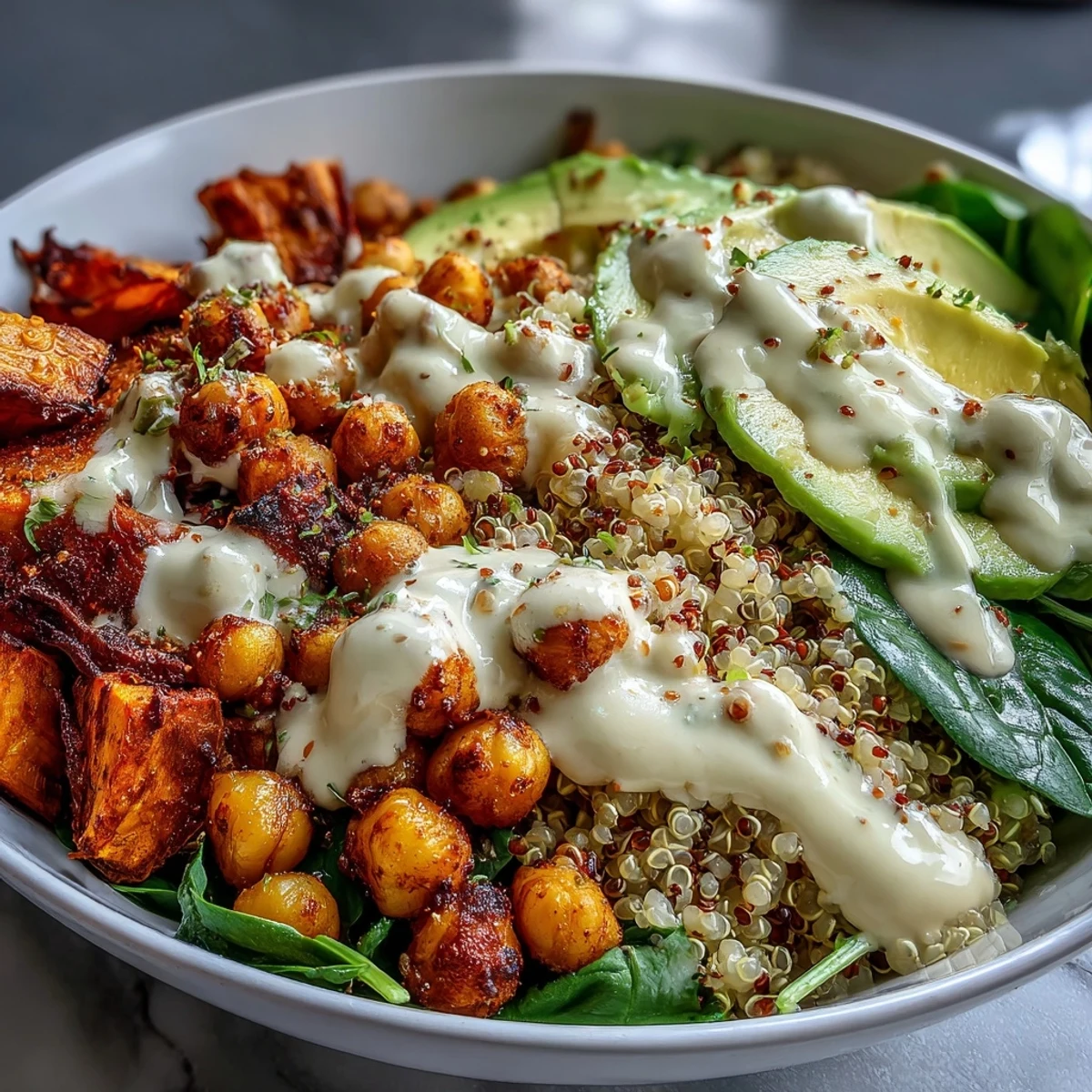 A vibrant Anti-Inflammatory Glow Bowl topped with creamy avocado and crispy chickpeas.