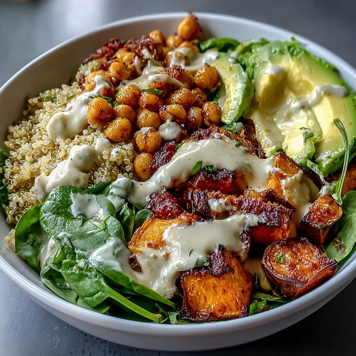 Colorful Anti-Inflammatory Glow Bowl drizzled with creamy tahini yogurt sauce and fresh spinach.