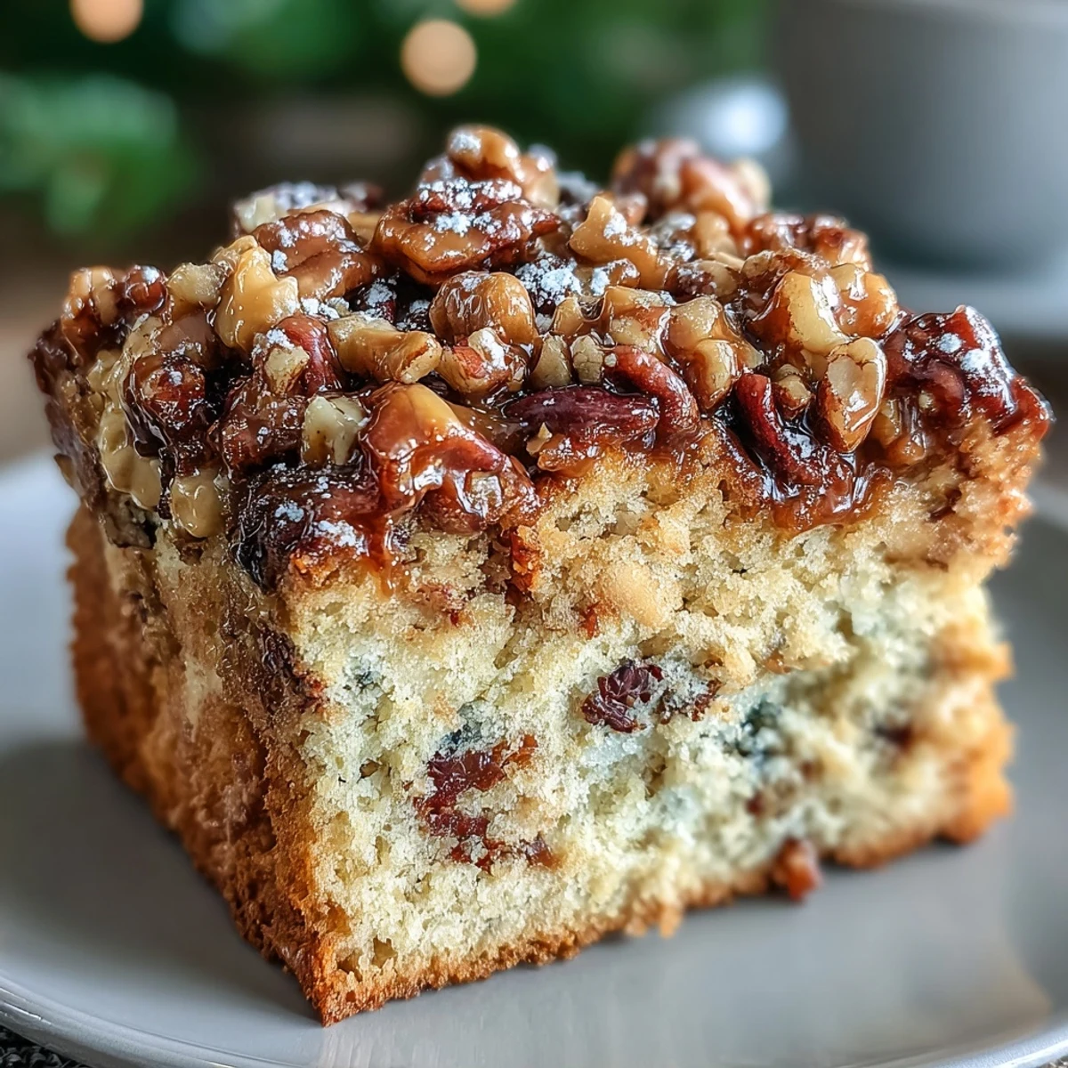 A close-up view of Christmas Toffee Crunch Cake slices on a white plate, showcasing moist buttery layers packed with golden toffee bits and chopped pecans.  