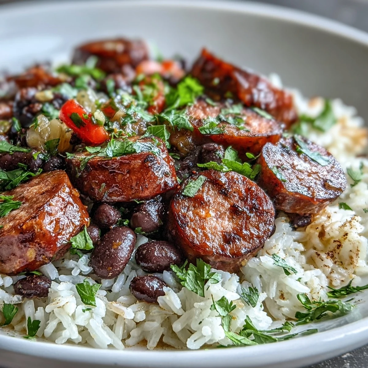 Hearty Black Beans, Sausage, and Rice Skillet, a vibrant one-pan meal with savory notes.