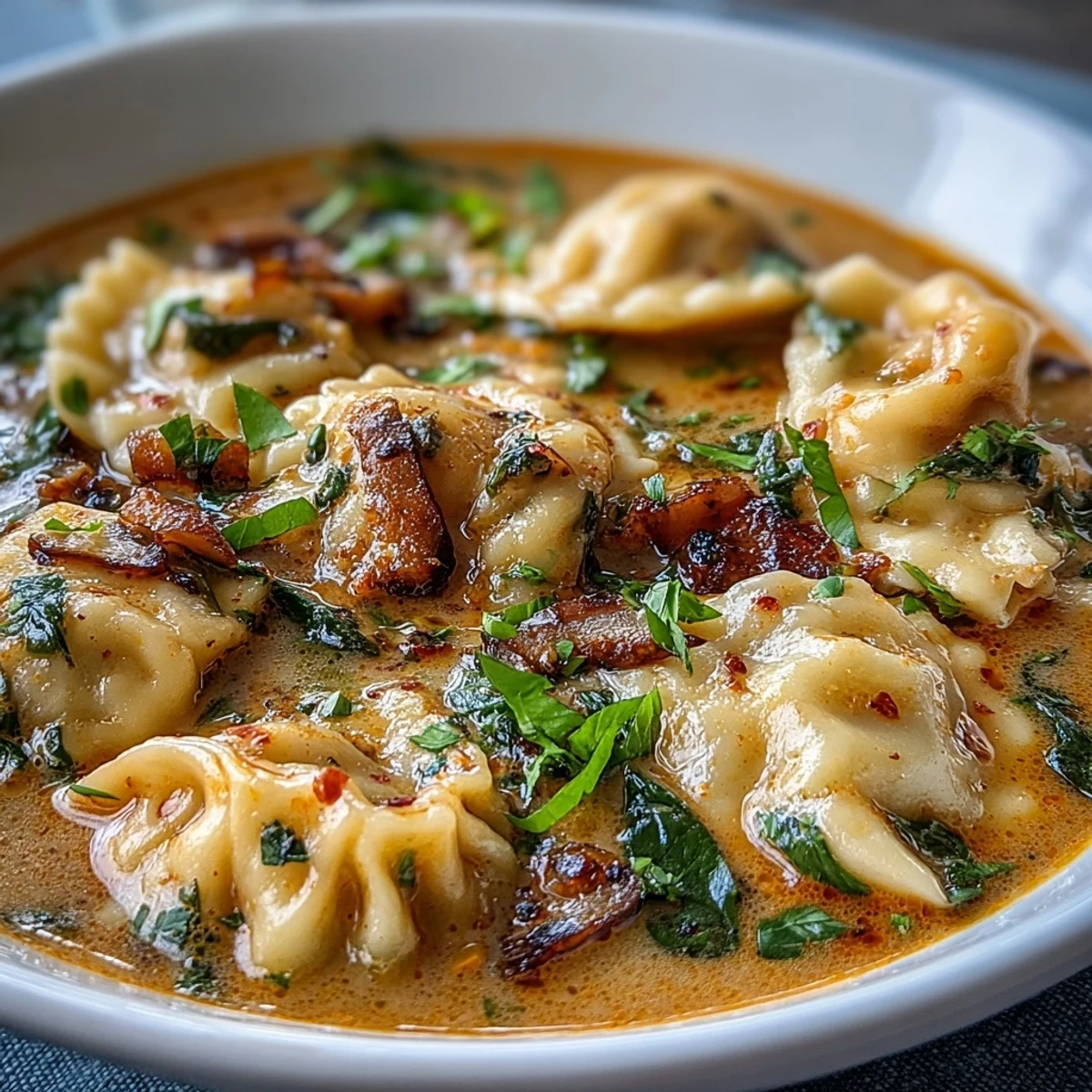 Fragrant coconut curry soup with tender vegan dumplings, chopped scallions, cilantro, and chili oil garnish served in a cozy bowl.  