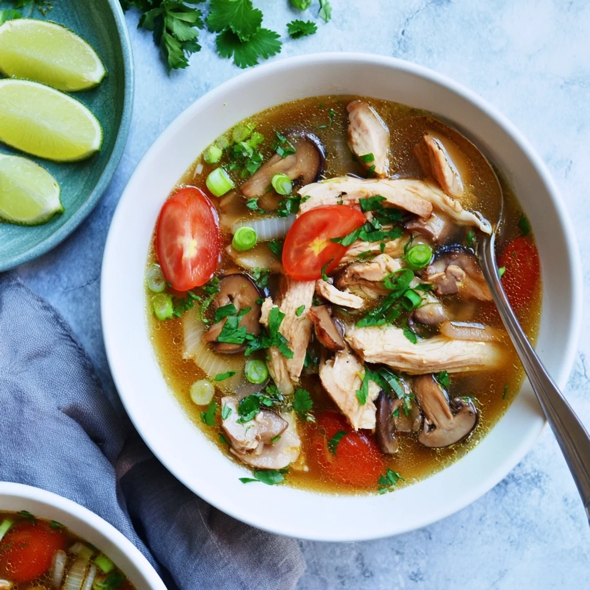 Bright orange and red Tom Yum Gai soup with tender chicken, mushrooms, and tomatoes in a spicy-sour aromatic broth.  