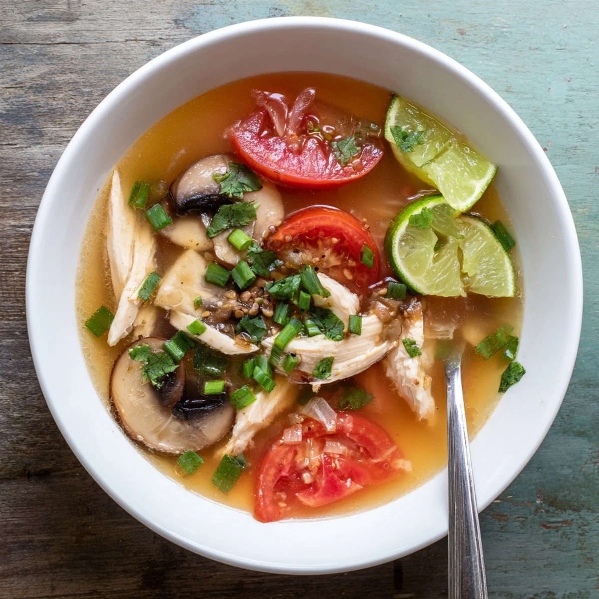 Close-up of homemade Tom Yum Gai with lemongrass and kaffir lime leaves in a vibrant, flavorful broth.