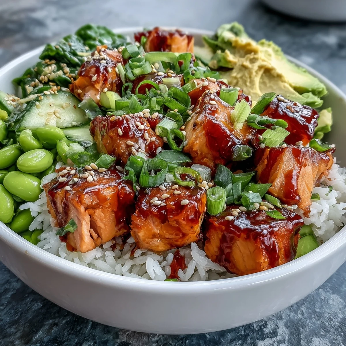 Flaky baked salmon atop fluffy rice, this Salmon Rice Bowl offers a vibrant, healthy meal.