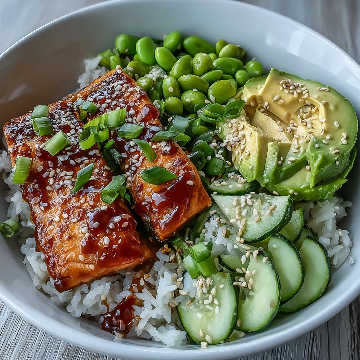Vibrant Honey Sriracha Salmon Bowl with creamy avocado and crisp cucumber.