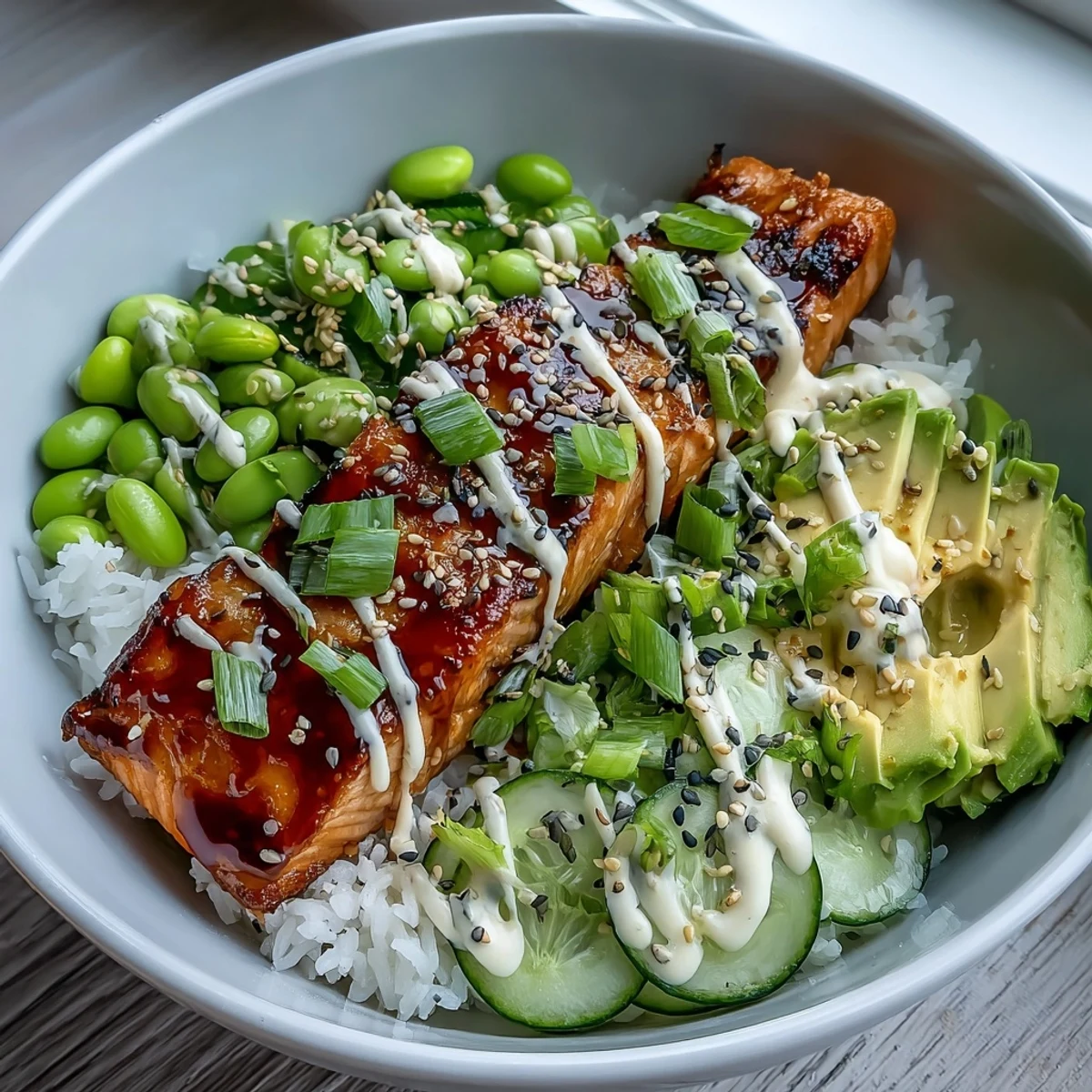 Savory Honey Sriracha Salmon Bowl, perfect for an easy and flavorful weeknight meal.