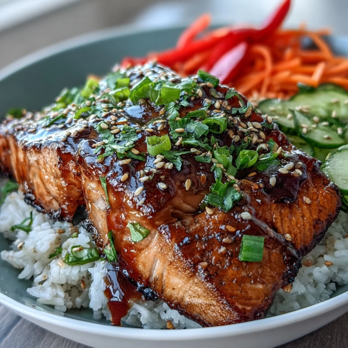 Vibrant Asian-Inspired Salmon Bowl with crisp veggies and golden glazed salmon.
