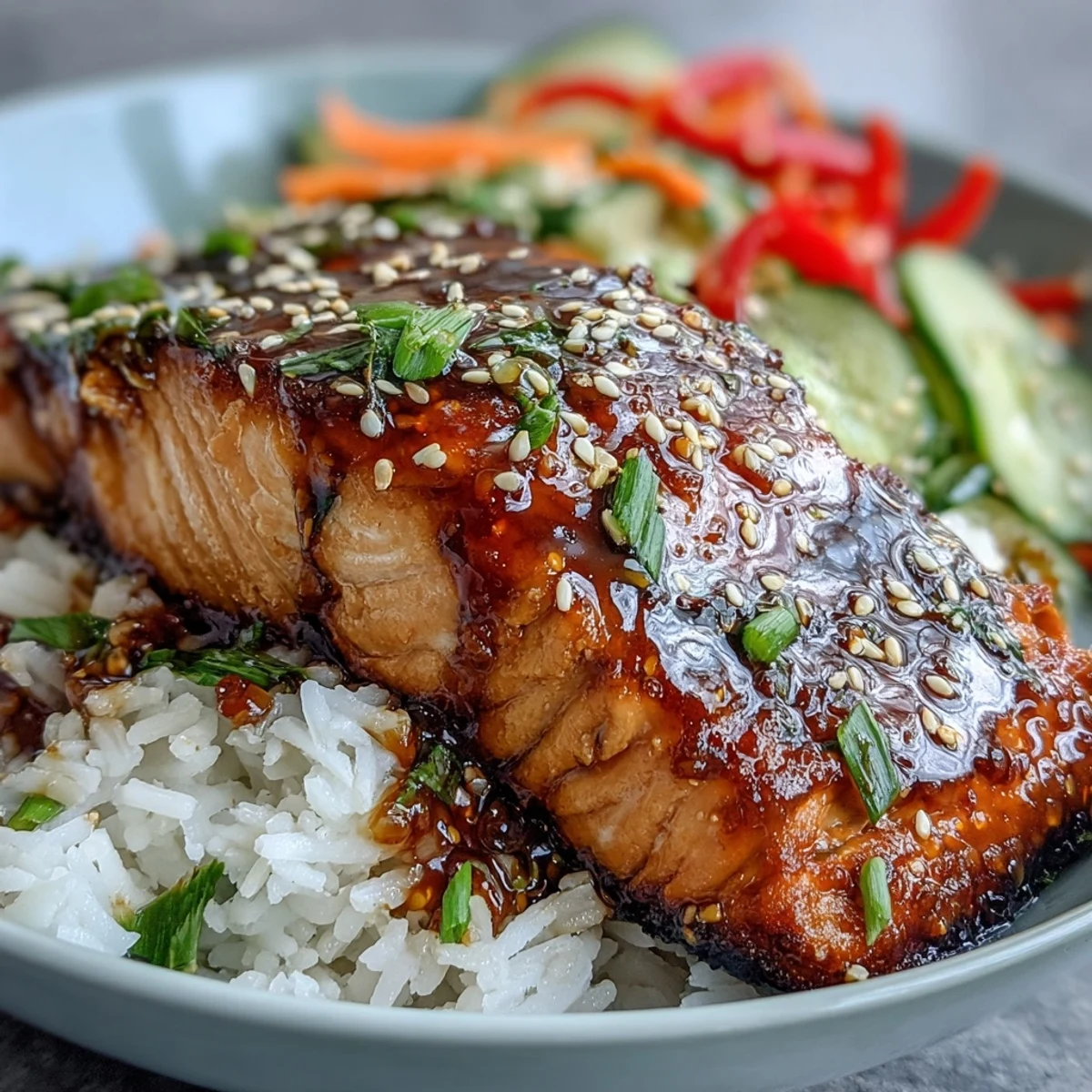Healthy and colorful Asian-Inspired Salmon Bowl piled high with fresh ingredients.