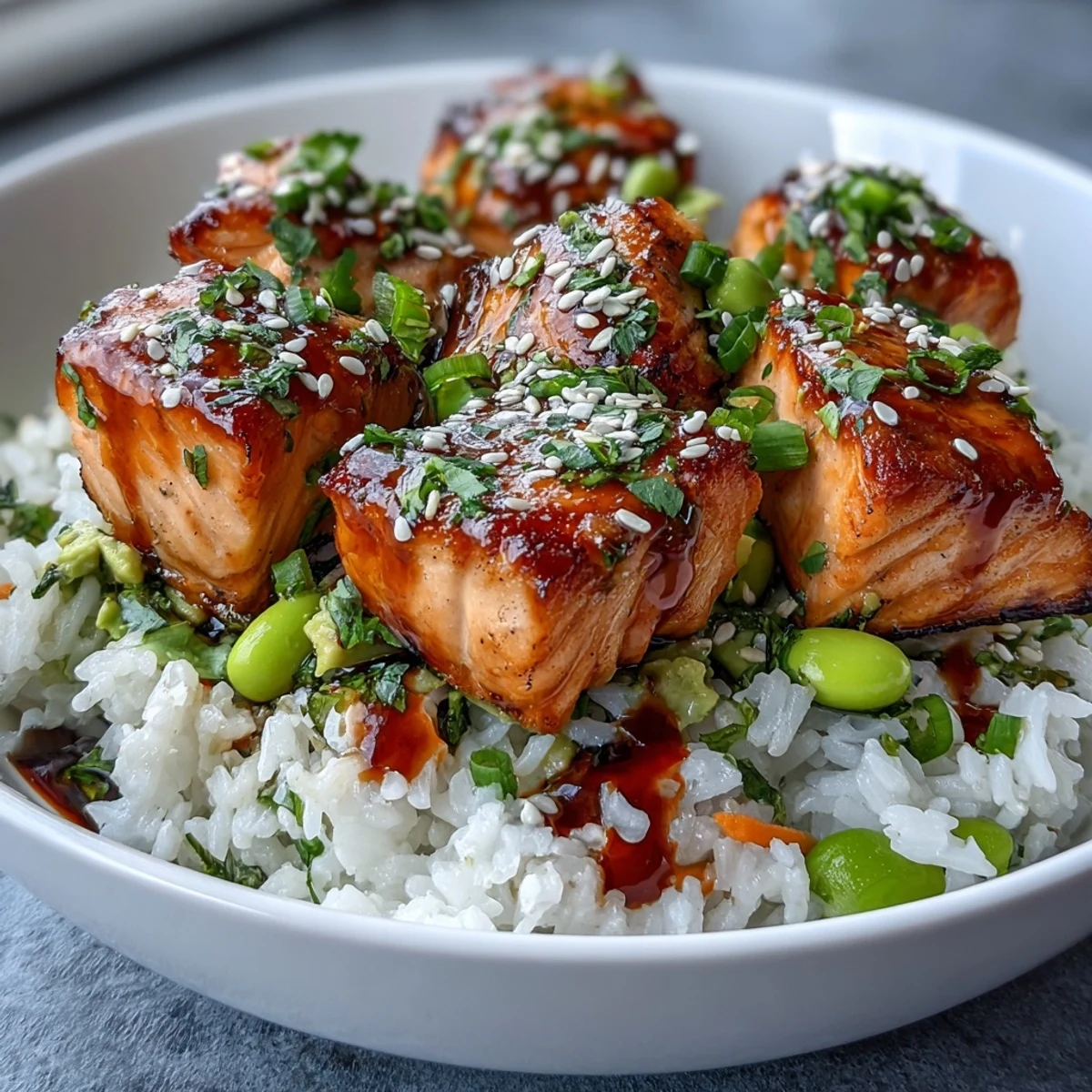Colorful Baked Salmon Rice Bowl bursting with fresh, crisp vegetables.