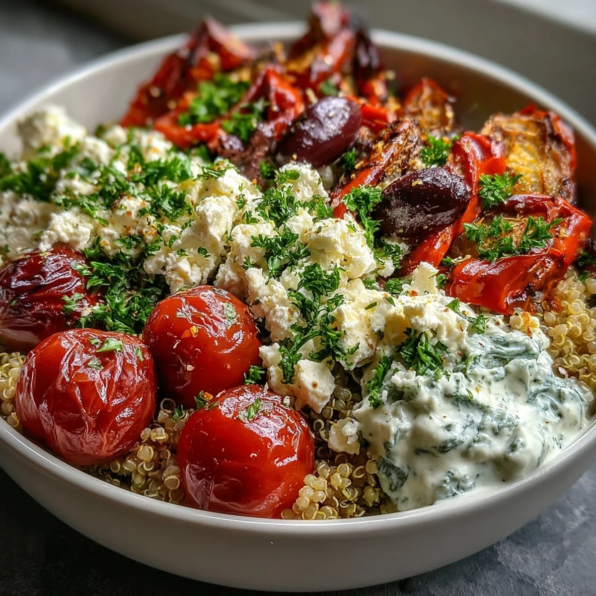 Vibrant Mediterranean Buddha Bowl bursting with colorful roasted vegetables and creamy toppings.