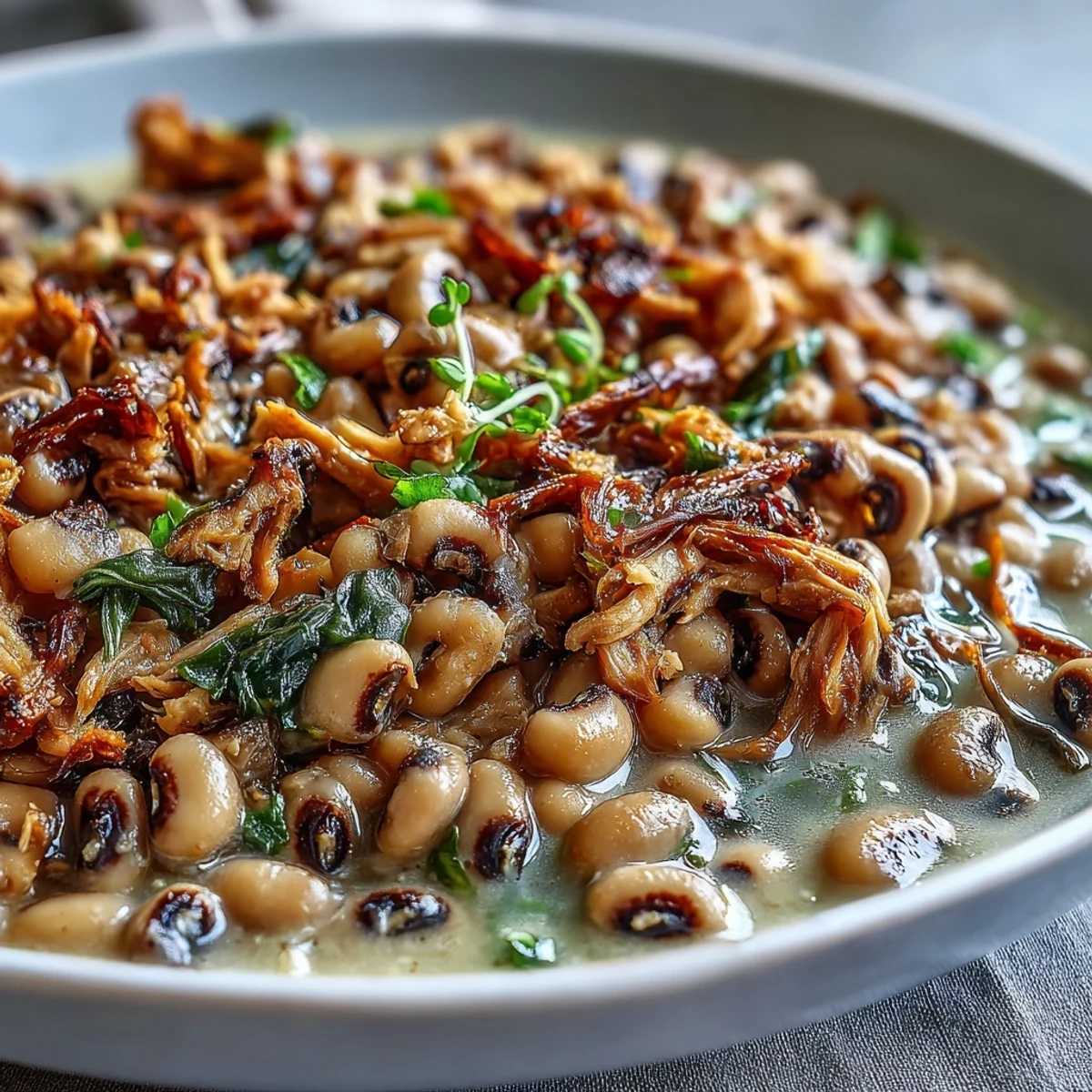 Slow cooker close-up of Crock-Pot Black-Eyed Peas with Smoked Turkey revealing shredded turkey and rich, smoky broth.