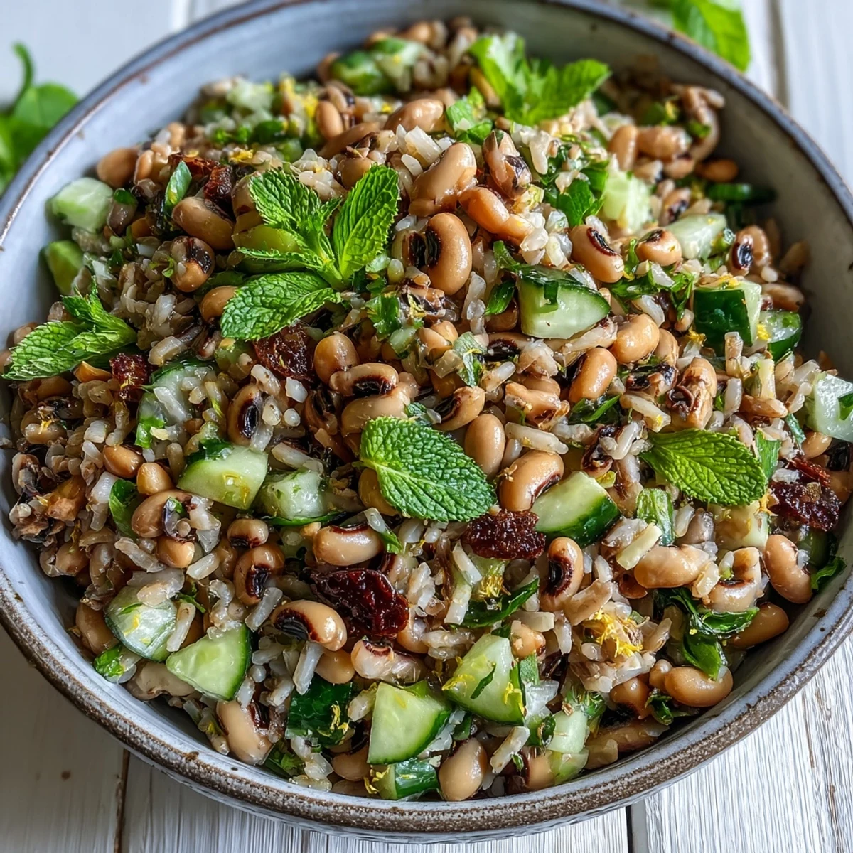 Chilled Southern Black Eyed Pea Salad tossed with brown rice and fresh mint leaves in a zesty lemon dressing.