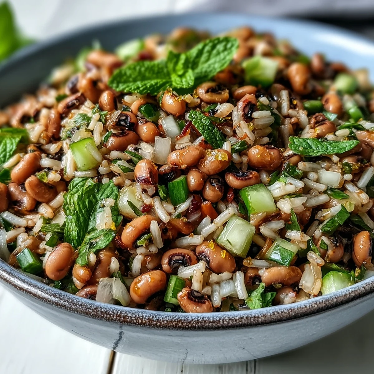 Healthy Southern Black Eyed Pea Salad served chilled as a refreshing summer side dish, showcasing crisp vegetables and legumes.
