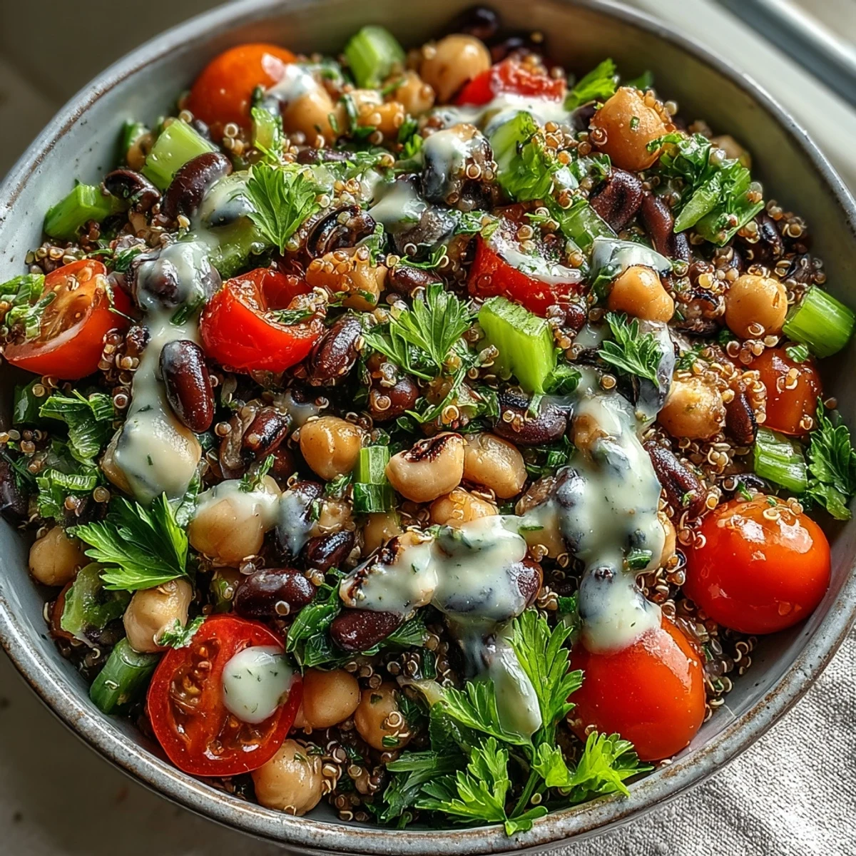 Tossed New Years Hoppin John Salad with chickpeas, black-eyed peas, and crisp vegetables on a white plate, ready to eat.