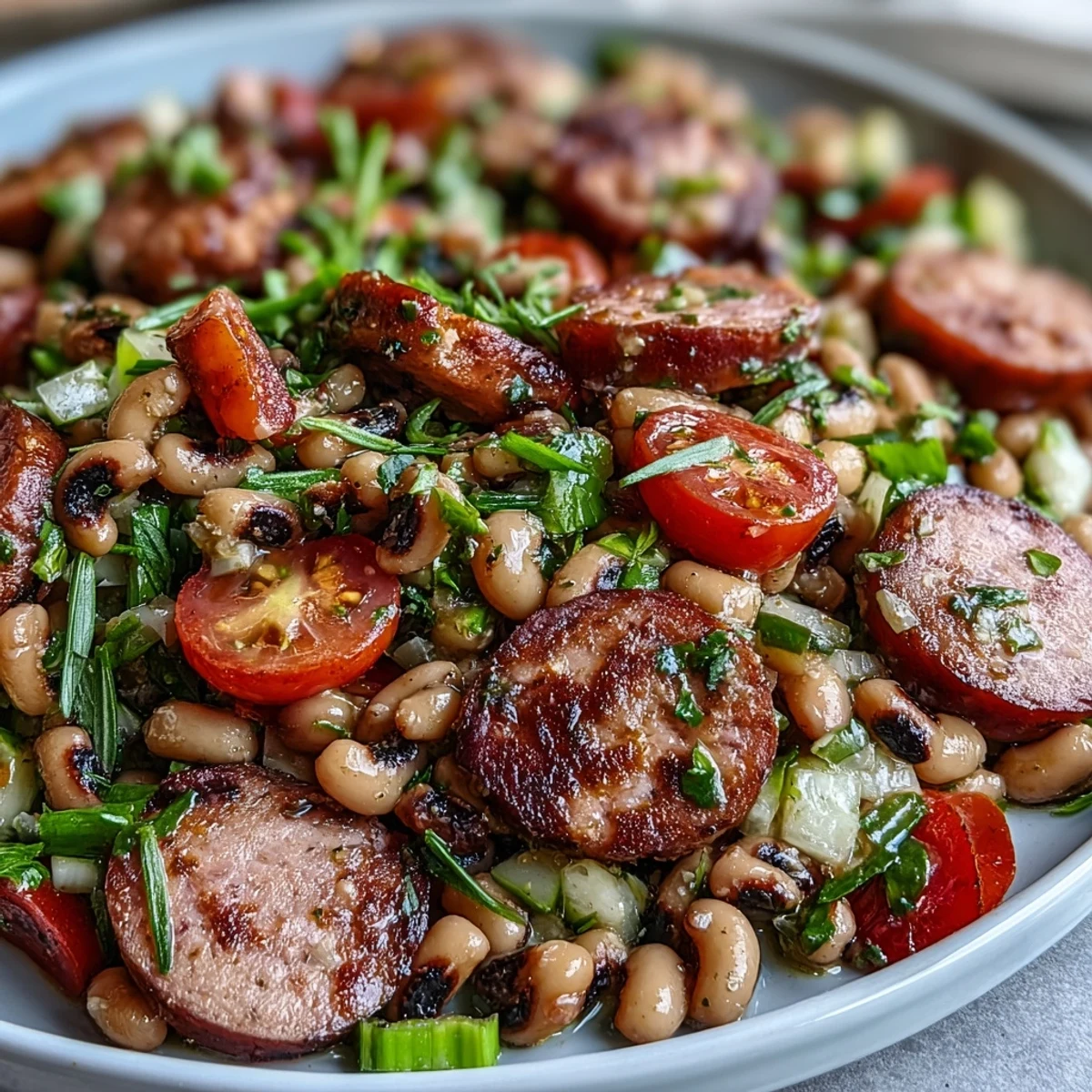 Fresh Hoppin John Style Black-Eyed Pea Salad with turkey sausage on greens, featuring red bell pepper and cherry tomatoes.