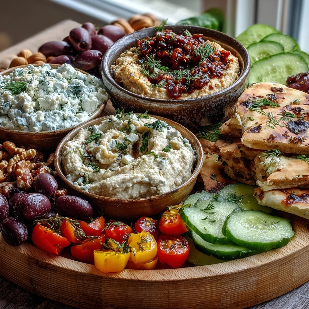Overhead view of a Mediterranean Brunch Board with dips and flatbreads, displaying crumbled feta, kalamata olives, and crisp cucumber slices ready to share.