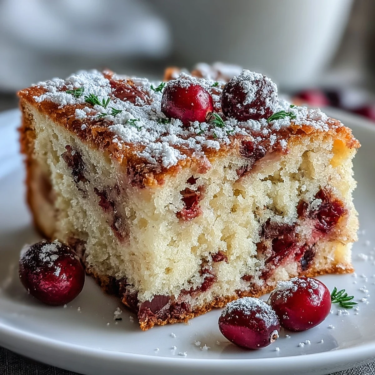 Freshly baked Cranberry Orange Breakfast Cake with a tender crumb, vivid orange zest, and tart cranberry bursts dusted with powdered sugar.