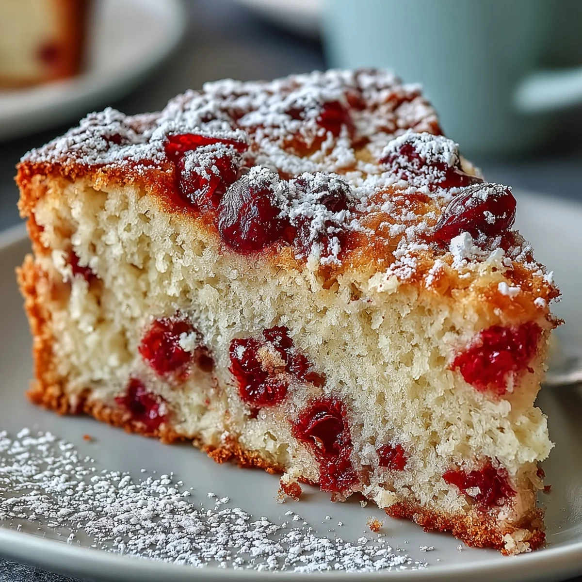 Golden Cranberry Orange Breakfast Cake loaf on a rustic table, showcasing vibrant red cranberry pieces and bright flecks of orange zest.