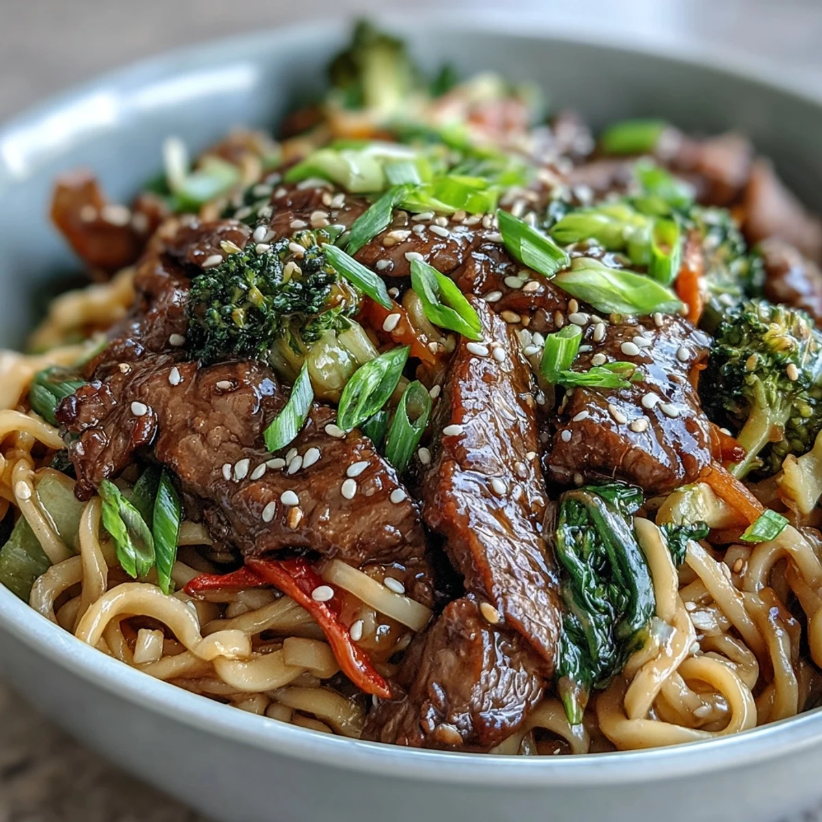 The skillet sizzles with beef, bell peppers, and broccoli tossed in a sweet soy glaze for Korean Beef Noodles.